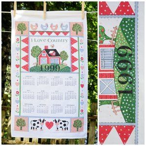 Vintage 1999 'I Love Country' Calendar Tea Towel Farmcore Barn Cows Chickens